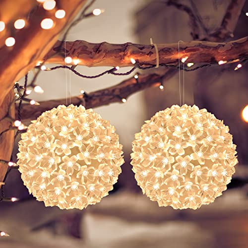 Lewondr LED Kugel Weihnachtsfensterbeleuchtung, 2 Stück 14 cm Batteriebetrieb Kirschblüten Deko Pendelleuchte mit 100 LED Lämpchen, Hängend LED Deko Weihnachtsbeleuchtung Fenster Innen Außen, Warmweiß von Lewondr