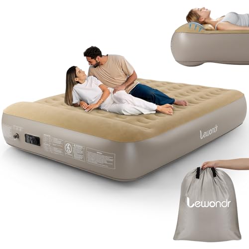 Lewondr Luftbett 2 Personen mit Eingebauter Pumpe, 203x152x33CM Aufblasbare Matratze mit Kissen, 3 Min Luftmatratze Selbstaufblasend Luftbett für Camping Haus Gäste Reisen(250kg MAX), Khaki von Lewondr