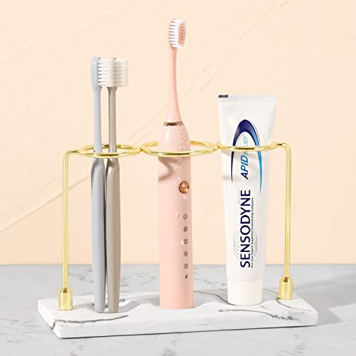 Lewondr Resin Toothbrush Holder, 19x8x12cm 3 Fächer Elektro Zahnbürsten Halter mit Runder Löcher Metall Zahnbürstenständer Universal Zahnpastaständer Rasierapparat Organizer für Bad Toiletten, Gold von Lewondr