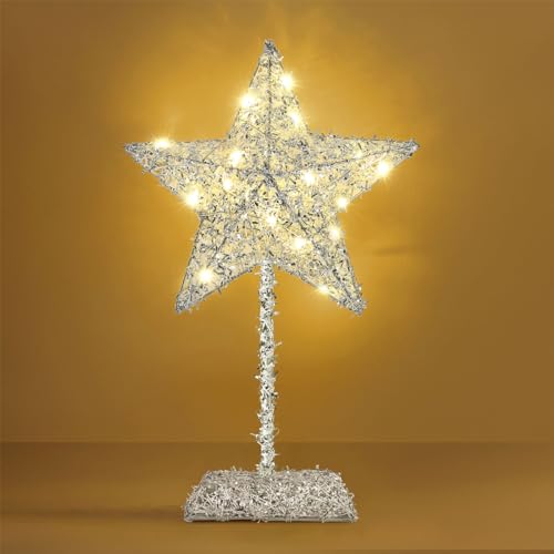 Lewondr Tischlampe, LED Sternenlampe Sternform Weihnachtsdeko Innen, Batteriebetrieb Fensterbank Lampe Metall Weihnachtsstern Schreibtischlampe für Zuhause Weihnachten Ramadan Hochzeit, Silber von Lewondr