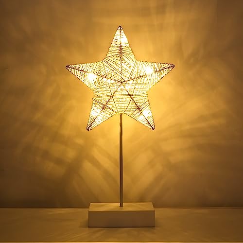 Lewondr Tischlampe, LED Sternenlampe Sternform Weihnachtsdeko Innen, Batteriebetrieb Fensterbank Lampe Metall Weihnachtsstern Schreibtischlampe für Zuhause Weihnachten Ramadan Hochzeit, Warmweiß von Lewondr