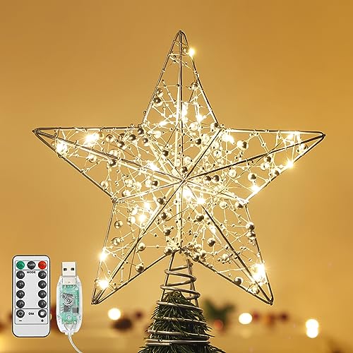 Lewondr Weihnachtsbaum Spitze Stern, 11 Zoll Glitzernd Weihnachtsdeko LED Weihnachten Baumspitze mit Perlen & Timer, USB-betrieben Fernbedienung Tannenbaum Spitze Stern Weihnachtsbaum Innen, Silber von Lewondr