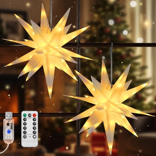 Lewondr 2 Stück Hängend Weihnachtsdeko Aussen Led Stern,40cm Weihnachtsstern Fenster Deko mit Intelligent APP-Fernbedienung & Timer,3D USB Hängend Sternlicht für innen und außen,Warmes Licht von Lewondr