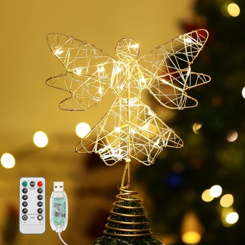 Lewondr Christbaumspitze Engel, 9,8 Zoll Glitzernd Weihnachtsdeko LED Weihnachten Baumspitze mit Timer, USB-betrieben Fernbedienung Tannenbaum Spitze für Weihnachtsbaum Weihnachten Party Innen, Gold von Lewondr