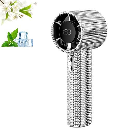 Strass-Ventilator, Tragbarer Diamant-Ventilator, Mini-Hand-Turbo-Ventilatoren, 199-Gang-Wind, Wiederaufladbare, Leise Handventilatoren Mit Langer Akkulaufzeit Und Digitaler Anzeige(SILVER) von LexTex