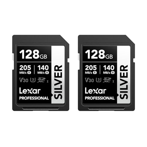 Lexar Silver SD Karte 128GB 2-Pack, UHS-I SDXC Card 205 MB/s Read Speed, 140 MB/s Write Speed, V30, U3, C10, 4K UHD Video, SD Card Memory Card with Lexar Lifetime Data Recovery von Lexar