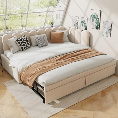 2-in-1 Multifunktions-Schlafsofa in L-Form (90/180 x 200 cm), Samtrosa Polsterbett Platzsparendes Design Kann als Kinderbett oder Gästebett genutzt Werden (Beige) von Lexiou