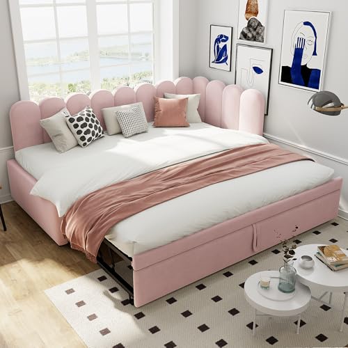 2-in-1 Multifunktions-Schlafsofa in L-Form (90/180 x 200 cm), Samtrosa Polsterbett Platzsparendes Design Kann als Kinderbett oder Gästebett genutzt Werden (Rosa) von Lexiou