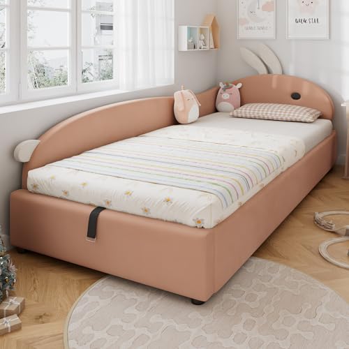 90x200cm Polsterbett, Einzelbett, Kinderbett, Niedliches Häschen-Kopfteil, Hydraulisches Bett mit Stauraum, Erhöhter weicher Zaun, Linke Seitenplatte, Samt (linkes Ohr) von Lexiou