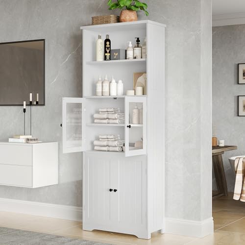 Badezimmer-Hochschrank mit Stauraum, Volllackierung, Glasschranktür, Holzschranktür, Zwei offene Ablagefächer, verstellbare Trennwände, einfache Textur (Weiß) von Lexiou
