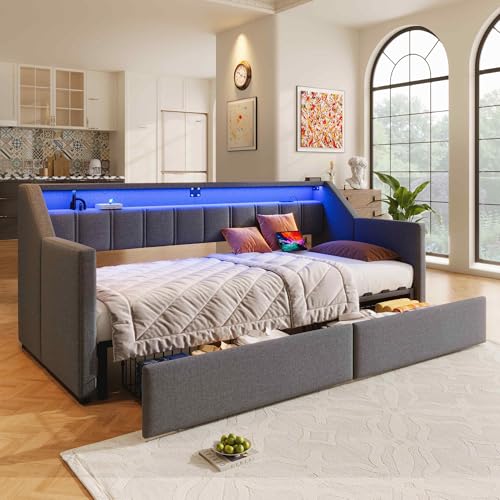 Daybett, Tagesbett, Schlafsofa,90 x 200cm, Mit USB und Type-C, LED-Leiste mit Fernbedienung, Mit 2 Schubladen, Stauraumtaschen, Multifunktionales Ausziehbett, Ohne Matratze (Grau) von Lexiou