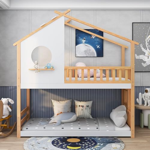 Hausbett, Etagenbett mit rechtwinkliger Leiter, Kinderbett, mit Fallschutz und Barriere, Rahmen aus Kiefernholz (Weiß) von Lexiou