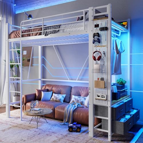 Hochbett, 90 x 200cm, Eisenrahmen, Mit Trockenstab, Mit Einlegeböden, 4 Schubladen, Mit USB+Type-C Steckdose, LED-Leiste, Geländer, Trittleiter, mit Lochbrett (Weiß) von Lexiou
