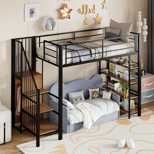 Hochbett 90x200 cm, mit Sicherheitstreppe, Stauraum und kleinem Kleiderschrank, Einlegeböden, hohes Zaundesign, Einzelbett, Jugendbett (schwarz) von Lexiou