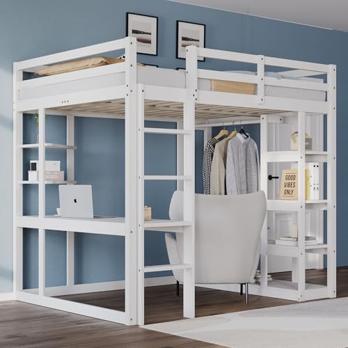 Hochbett mit Leiter Massivholz 140x200 cm, Mit Tisch und Regalen, Mit Einfachen Aufhängungen und Ablage Laminat, Kinderbetten Jugendbetten, Doppelbetten (Weiß) von Lexiou