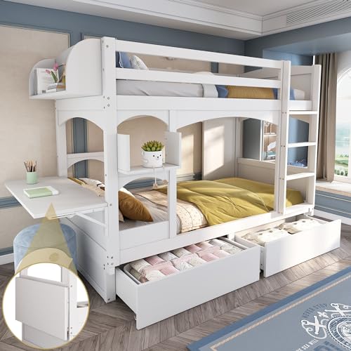 Kinder-Etagenbett, Doppelbett, multifunktionales Kinderbett, mit klappbarem Schreibtisch und Regal, mit Leiter und 2 Schubladen von Lexiou