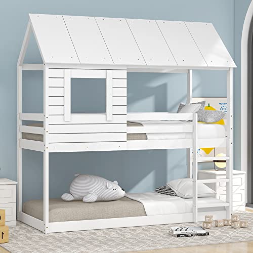 Kinderbett Holz Etagenbett 90 X 200 cm, Kinder hausbett mit Dach, Leiter und Lattenrost Eichenfarbe (weiß) von Lexiou