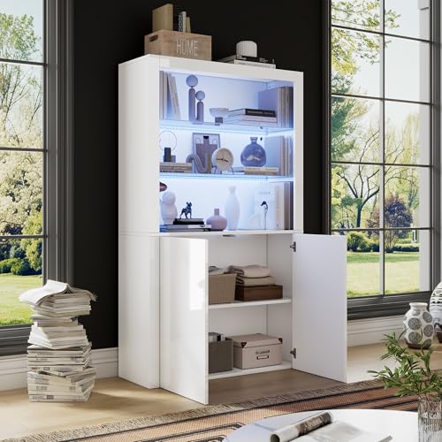 Lexiou 100 x 35 x 170 cm Sideboard, Hochglanz-Aufbewahrungsschrank, Vitrinenschränke mit LED-Leuchten, Displayschicht aus gehärtetem Glas, Vertikaler Hochschrank fürs Wohnzimmer von Lexiou