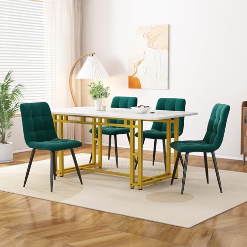 Lexiou 120x70cm Esstisch mit 4 Stühlen Set,Moderne Küche Esstisch Set, Samt Esszimmerstühle, Golden Eisen Beintisch (Samt, Dunkelgrün) von Lexiou