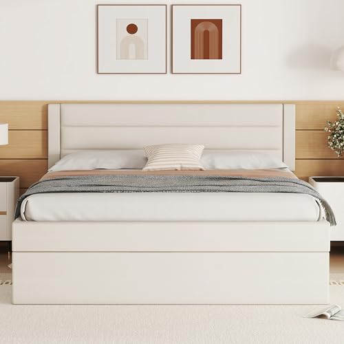 Lexiou 140x200cm Flaches Bett, gepolstert, Bett kann angehoben und abgesenkt Werden, großer Stauraum (Beige, 140x200cm) von Lexiou