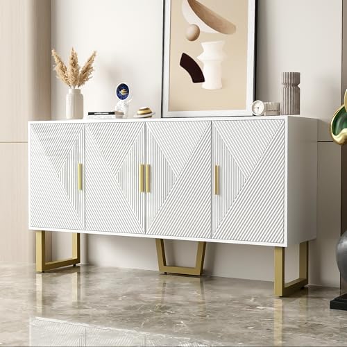 Lexiou 150cm moderner, luxuriöser weißer Sideboard mit hochglänzenden strukturierten Türen und goldenen Griffen, 4-Türen-Design, höhenverstellbare Regale von Lexiou