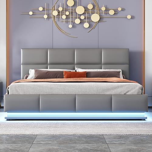 Lexiou 160 x 200 cm Polsterbett mit LED, Metalllattenrost & Bettkasten, Doppelbett mit höheverstellbarem Polsterkopfteil & hydraulischem Stauraum(ohne Matratze) (Grau) von Lexiou