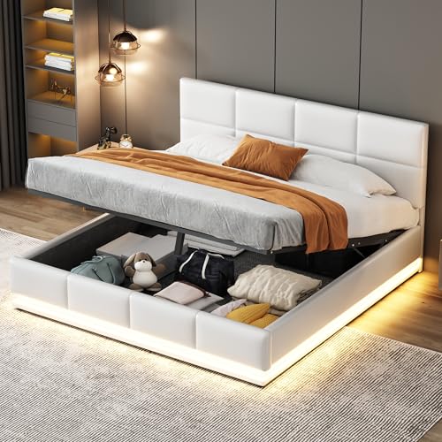 Lexiou 160 x 200 cm Polsterbett mit LED, Metalllattenrost & Bettkasten, Doppelbett mit höheverstellbarem Polsterkopfteil & hydraulischem Stauraum(ohne Matratze) (Weiß) von Lexiou