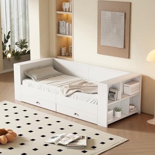 Lexiou 90x200 cm Tagesbett, einzeln, mit Zwei Schubladen, Armlehnen mit Ablagefächern von Lexiou