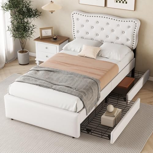 Lexiou 90x200 cm flaches Bett, gepolstertes Bett, Nachttischpolsterung mit dekorativen Nieten, doppelte Schubladen (Hellbeige) von Lexiou