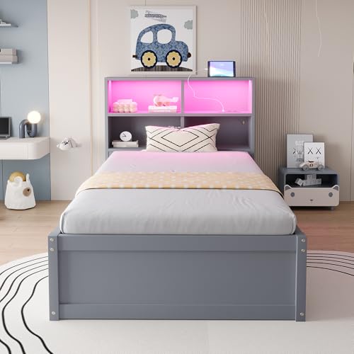 Lexiou 90x200cm Schlafsofa, mit Mehrfachsteckdose und Mehreren Staufächern, mit Lichtleiste, hydraulisches Bett, Massivholzbett, Einzelbett, multifunktionales Holzbett (Grau) von Lexiou