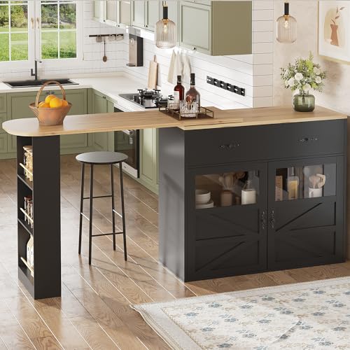 Lexiou Ausziehbarer Bartisch mit Stauraum(138-204×39×104cm), 360° drehbare Essbar,Moderner Beweglicher Bar Table,Hochtisch Kücheninsel Bistro Table, Sideboardschrank mit Regalen (Schwarz) von Lexiou