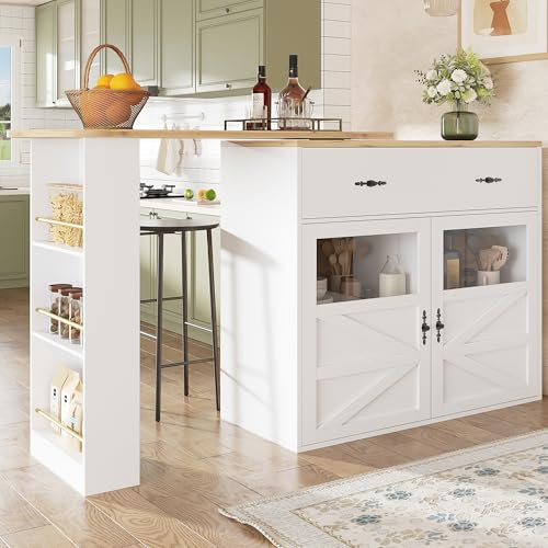 Lexiou Ausziehbarer Bartisch mit Stauraum(138-204×39×104cm), 360° drehbare Essbar,Moderner Beweglicher Bar Table,Hochtisch Kücheninsel Bistro Table, Sideboardschrank mit Regalen (weiß) von Lexiou