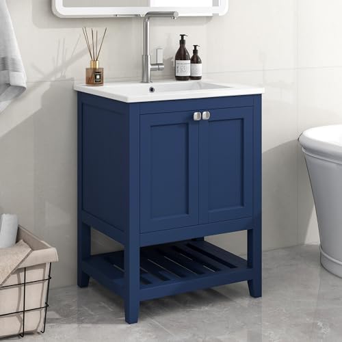 Lexiou Badmöbel Einzel Waschtisch mit Unterschrank 60cm mit Keramik-Waschbecken (blau) von Lexiou