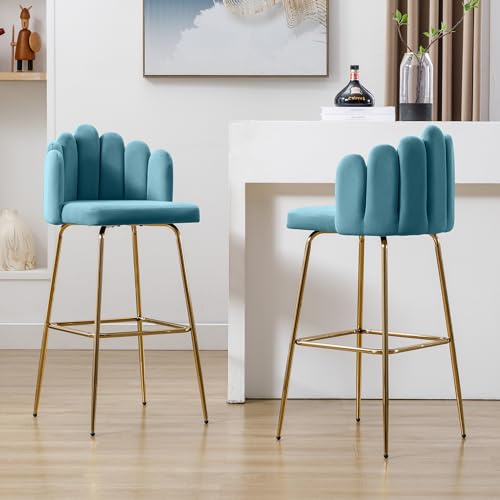 Lexiou Barstühle aus Samt, 2er Set, Moderne Freizeitstühle, Blütenblätterstühle mit Vier Stützbeinen aus Metall, geeignet für Restaurants und Bars (Blau) von Lexiou