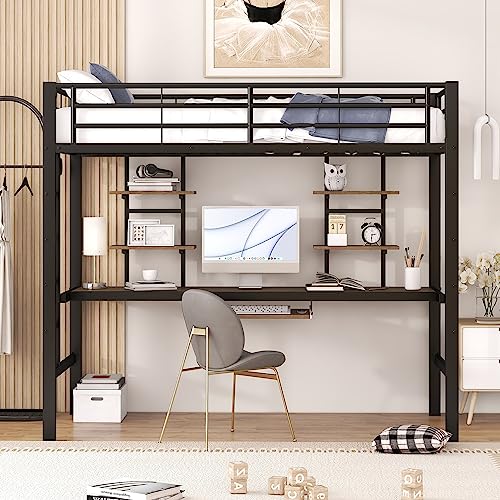 Lexiou Bettgestell Metallbett, Eisenbett, Hochbett mit Schreibtisch und Zwei Bücherregalen für Kinder, Jugendliche und Erwachsene (90x200cm) von Lexiou