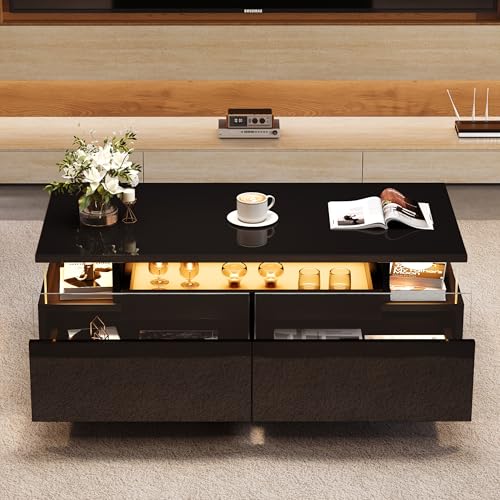 Lexiou Couchtisch mit Tablett, Hochglanz-Couchtisch fürs Wohnzimmer, Sofatisch mit 2 Schubladen, tragender Beistelltisch aus gehärtetem Glas, kaffeetisch mit LED-Licht,90x45x35.5 cm (Schwarz) von Lexiou