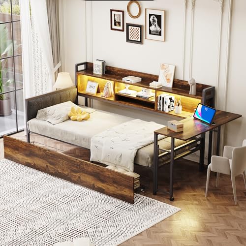 Lexiou Eisen Sofabett 90 x 200 cm, mit LED-Beleuchtung und Stauraum, mit Schubladen und multifunktionaler Steckdose, ausklappbarem Schreibtisch, weicher Rückenlehne, Einzelbett (Holzfarbe) von Lexiou