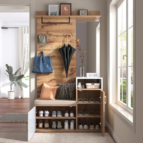 Lexiou Elegantes weißes und holzfarbenes Garderoben-Set mit Spiegel, Schuhschrank, Wandgarderobe, Sitzbank und Kleiderhaken(Muss durch Bohren an der Wand befestigt Werden) von Lexiou