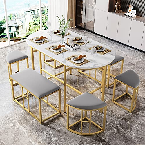 Lexiou Essgruppe(Set, mit Esstisch, 4 kleinen Hockers und 2 großen Hockers), Küchen Esstisch Set ausStahlrahmen (weißer und Gold) von Lexiou