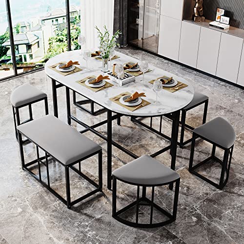 Lexiou Essgruppe(Set, mit Esstisch, 4 kleinen Hockers und 2 großen Hockers), Küchen Esstisch Set ausStahlrahmen (weißer und Schwarz) von Lexiou