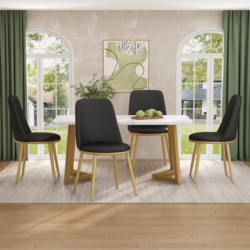 Lexiou Essgruppe,(Set,117×68×75cm Esstisch mit 4 Stühlen), Moderner Küchentisch Set, Rundsitze, Stuhlbeine aus Golden Metall, MDF Tischplatte in Weißer, Golden Tischbeine (PU, Schwarz) von Lexiou