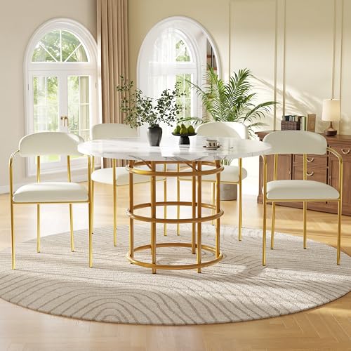 Lexiou Esstisch-Set (5-teilig), Esstisch-Set mit 4 Stühlen, Küchentisch-Set, runder Esstisch mit 100 cm Durchmesser, weiße MDF-Tischplatte,vergoldete Eisenbeine von Lexiou