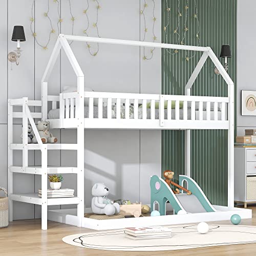 Lexiou Etagenbett, Hausbett mit Treppe, Kinderbett mit Fallschutz und Gitter, Rahmen aus Kiefer von Lexiou