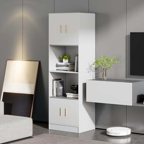 Lexiou Freistehende Vitrine 60x40x180 cm weiß - 4 Türen mit offenem Fach in der Mitte mit leise schließenden Scharnieren - Küchen-Highboards, Wohnzimmerständer, Vitrinen, Bücherregale von Lexiou
