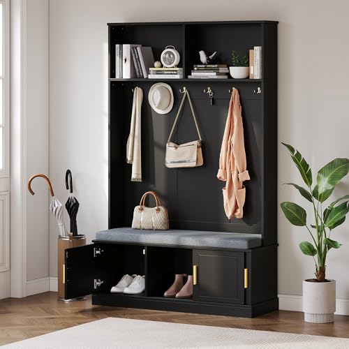 Lexiou Garderobenständer mit Schuhbank, Garderobe, 6 Dreifach-Haken,freistehend, platzsparend, für Eingangsbereich,Flur, 120×40×191cm (Schwarz) von Lexiou