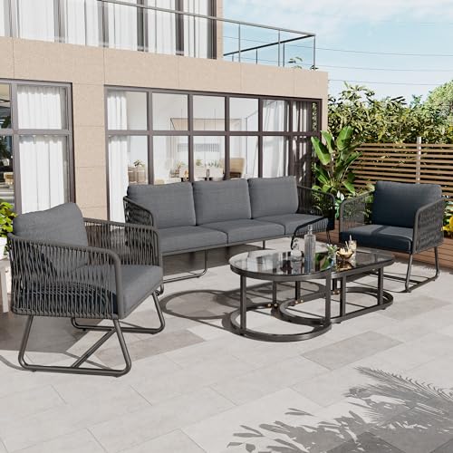 Lexiou Garten-Lounge-Set mit Rahmen aus verzinktem Eisen, Gartenmöbel-Set aus Seil, graues Seil, verstellbare Füße, Tischplatte aus glattem Glas, 5er-Set von Lexiou