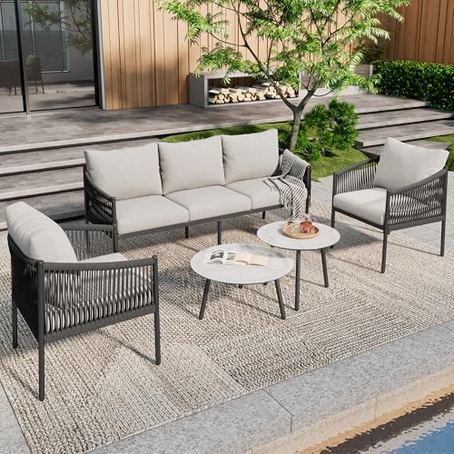 Lexiou Gartenmöbel Set,Garten-Loungesessel-Set, 3-Sitzer-Sofa, 2 Sessel und 2 Couchtische, Outdoor, Glasplatte Marmor lackiert, handgeflochtenes Seil, grau von Lexiou