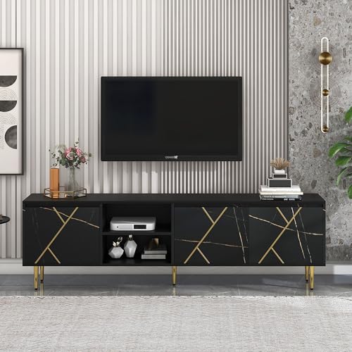 Lexiou Großer 200x35x60 cm TV-Schrank für 90-Zoll-Fernseher mit 3 Türen und modernem Schwarz-Gold-Design von Lexiou