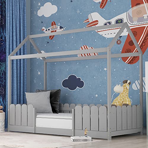 Lexiou Hausbett 90x200 cm - vielseitiges Holz Kinderbett für Jungen & Mädchen - Mit Rausfallschutz und Lattenrost (Grau) von Lexiou
