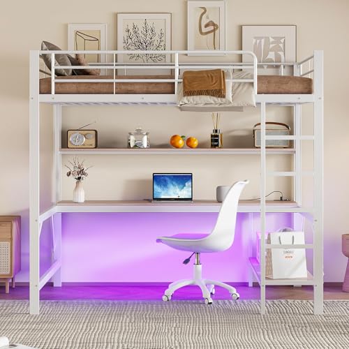 Lexiou Hochbett, 140x200 cm, Geländer, Trittleiter, mit USB und Steckdose, ferngesteuertes Ambientelicht, Schreibtisch, mehrstöckiges Regal, ohne Matratze, Metall (Weiß) von Lexiou